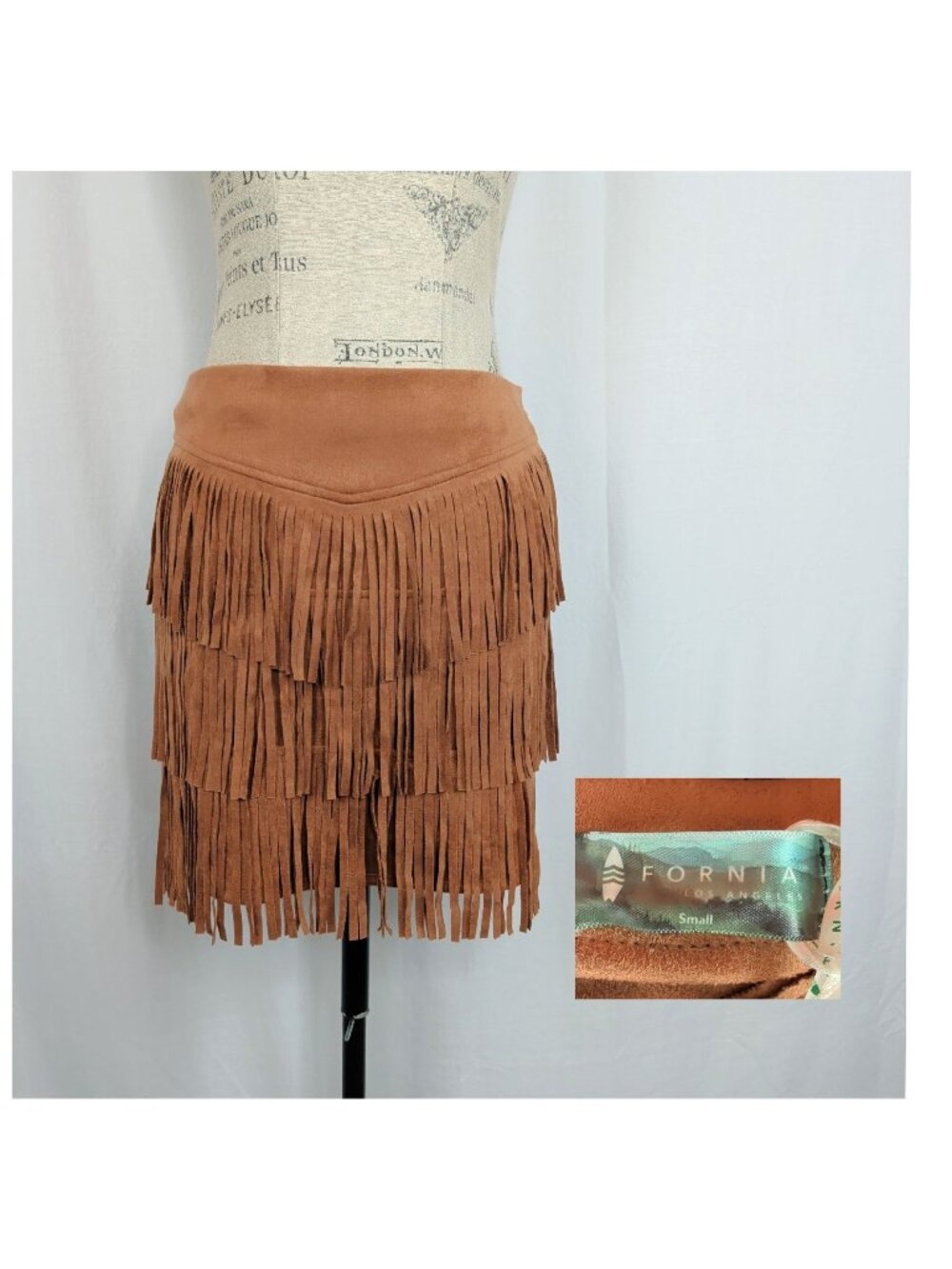 Fornia Tan Fringe Skirt Small Faux Suede Tiered NWT